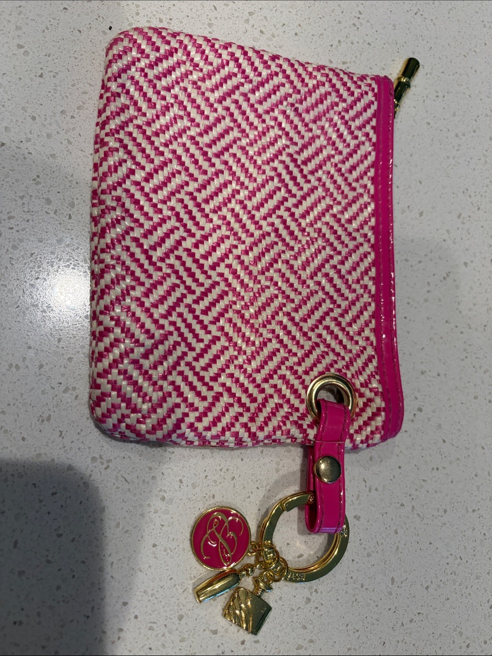 Estee Lauder Pink Woven Card Holder with Gold Charm Keyring